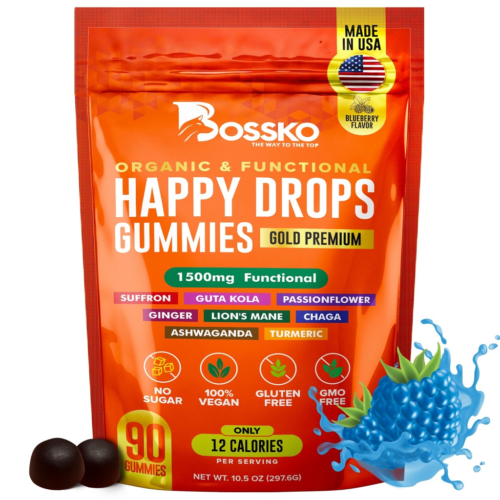 Happy Drops – Daily Superfood Gummis für Stimmungsunterstützung, Fokus und Energie – Sugar-Free, Vegan, Blueberry Flavor – 90 Gummi für Erwachsene – Tägliche Unterstützung für Stimmung, Fokus und natürliche Energie