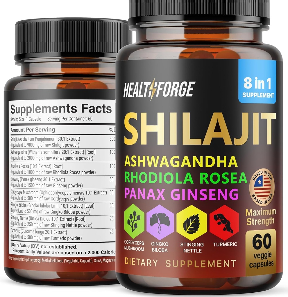 Shilajit Capsules Organic Extract Blend 60 Capsules for Men & Women - Shilajit Supplement 9000mg Ashwagandha, Immune Support Supplement 2000mg Rhodiola Supplement, Ginko Ginkgo Biloba
