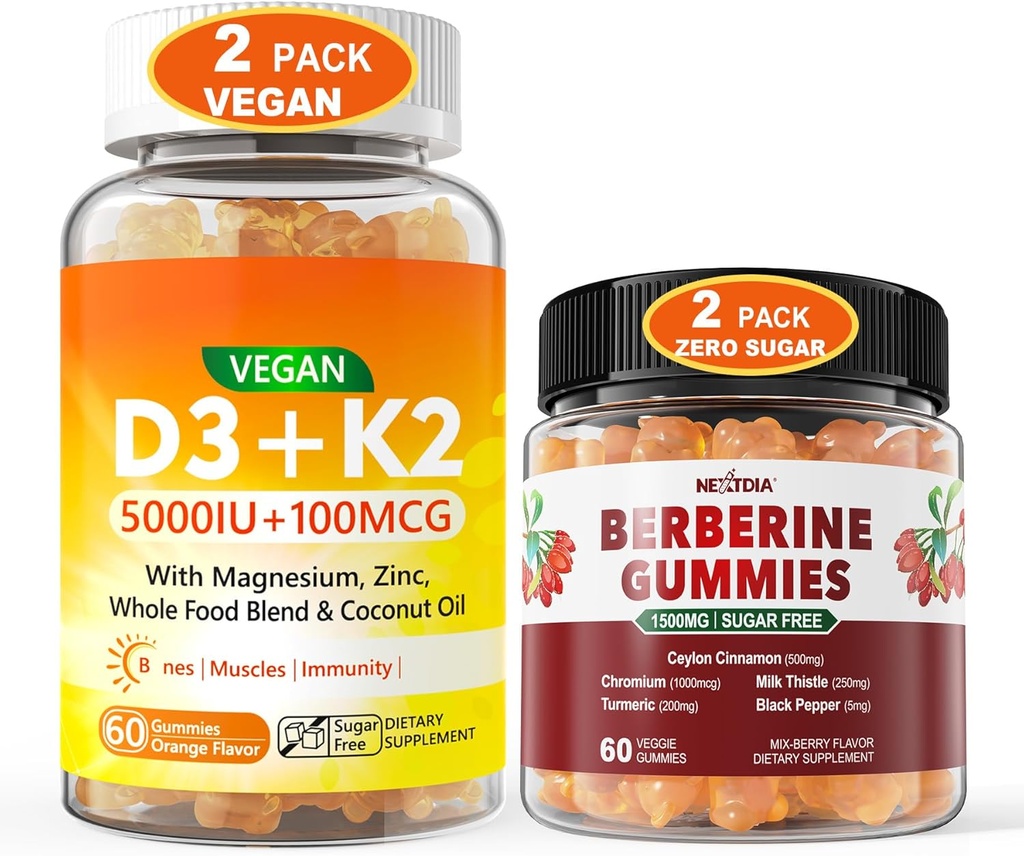 2Pack Vegan Vitamin D3 5000IU K2 Gummis + 2Pack Berberine Ergänzung 1500mg Gummis