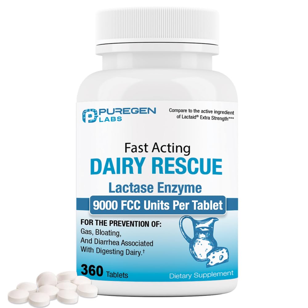 Puregen Labs Dairy Relief Enzyme de lactase à action rapide 9000 FCC, Pilules d'intolérance au lactose 360 comprimés