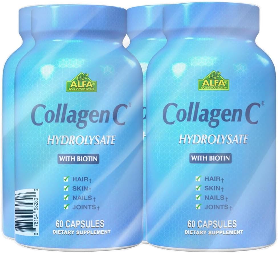 CollagenC Hydrolysat - Collagen Capsules 4 Pack mit Biotin & Vitamin C - 60 Kapseln pro Flasche für Haut, Haar, Nägel, Immun & Gelenkunterstützung - 4 Pack
