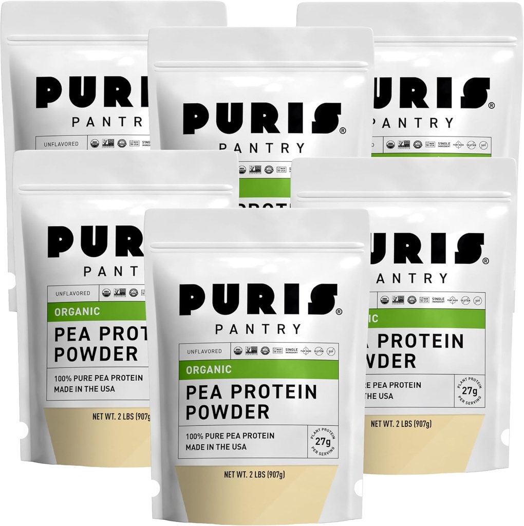 PURIS Organic Pea Protein Powder – USDA Organic Vegan Protein | 27g Pflanzenprotein Per Serving | Non-GMO Gluten-Free Soy-Free | Clean Label | Glaoth Taste | 2 lb (6 Pack)