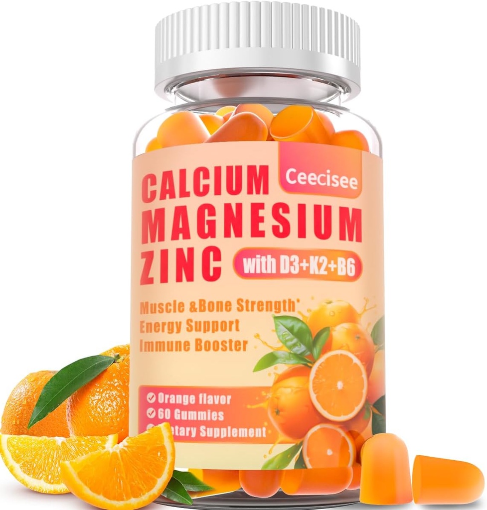 Calcium Magnesium Zink-Gummien mit D3 &B6 &K2,1000mg Calcium-Gummien mit 300mg Magnesium-Unterstützung Immunenergie für Erwachsene und Jugendliche,Sugar Free(60 Count)