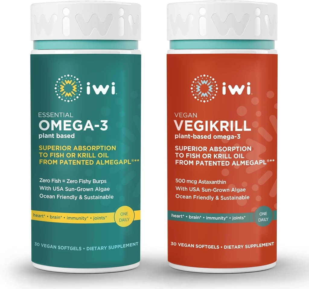 Iwi Omega-3 Essential & Vegikrill Omega-3 Bundle, 30 Servierungen, Vegan pflanzenbasierte Algen Omega 3, Krill & Fisch Öl Alternative, keine Fishy Nachgeschmack