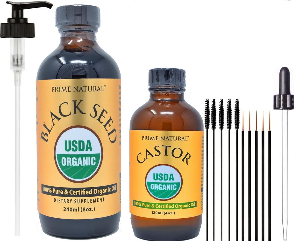 PRIME NATURAL Organic Black Seed Oil & Organic Castor Oil - 2 Öl Bundle - USDA Zertifiziert - kalt gepresst, Jungfrau, Unrefined, Vegan, Non-GMO, keine Konservierungsstoffe