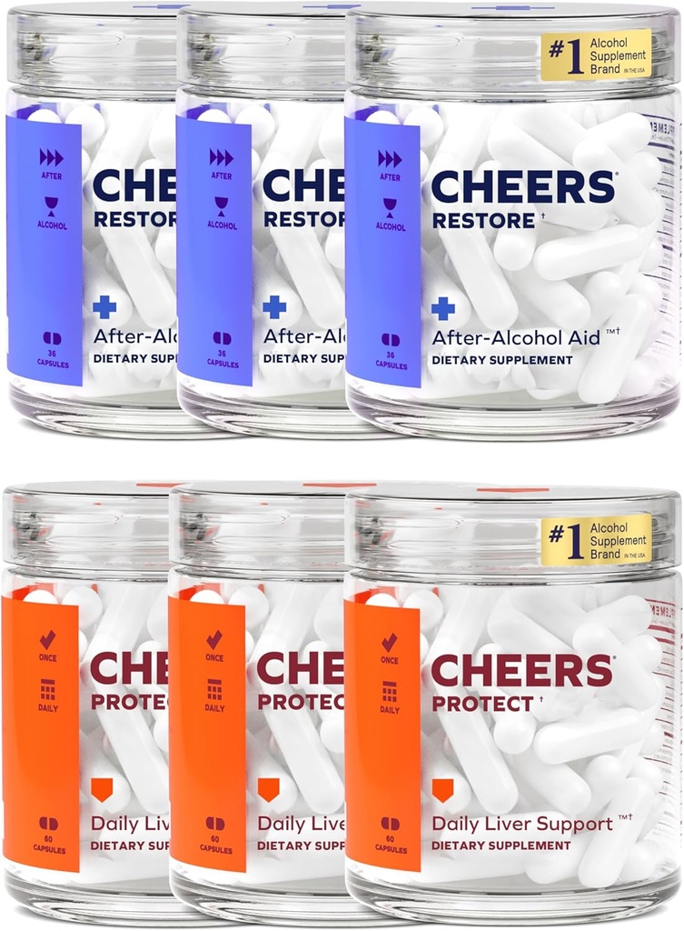 Cheers Liver Combo | Wiederherstellen + Schützen Sie Ihre Leber und fühlen Sie sich besser nach dem Trinken | DHM, L-Cystein, Milchdistel, Krickly Pear, B-Vitamine | 36 Doses Restore, 90 Doses Protect | Ergänzungen