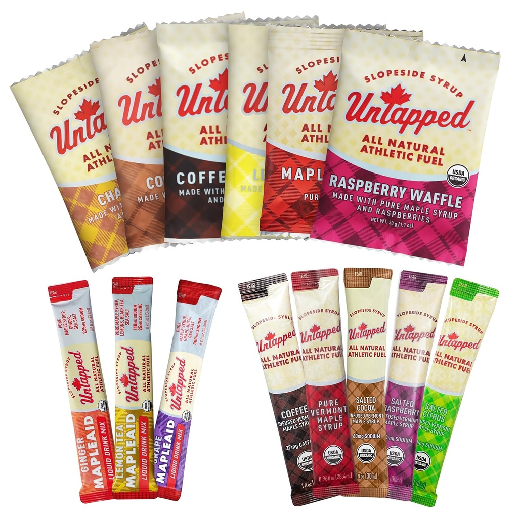 Pack d'échantillons non tapés - 14 packs emballés individuellement, incluant le sirop d'érable tout naturel, les stroopwafels végétaliens et les mélanges d'hydratation.