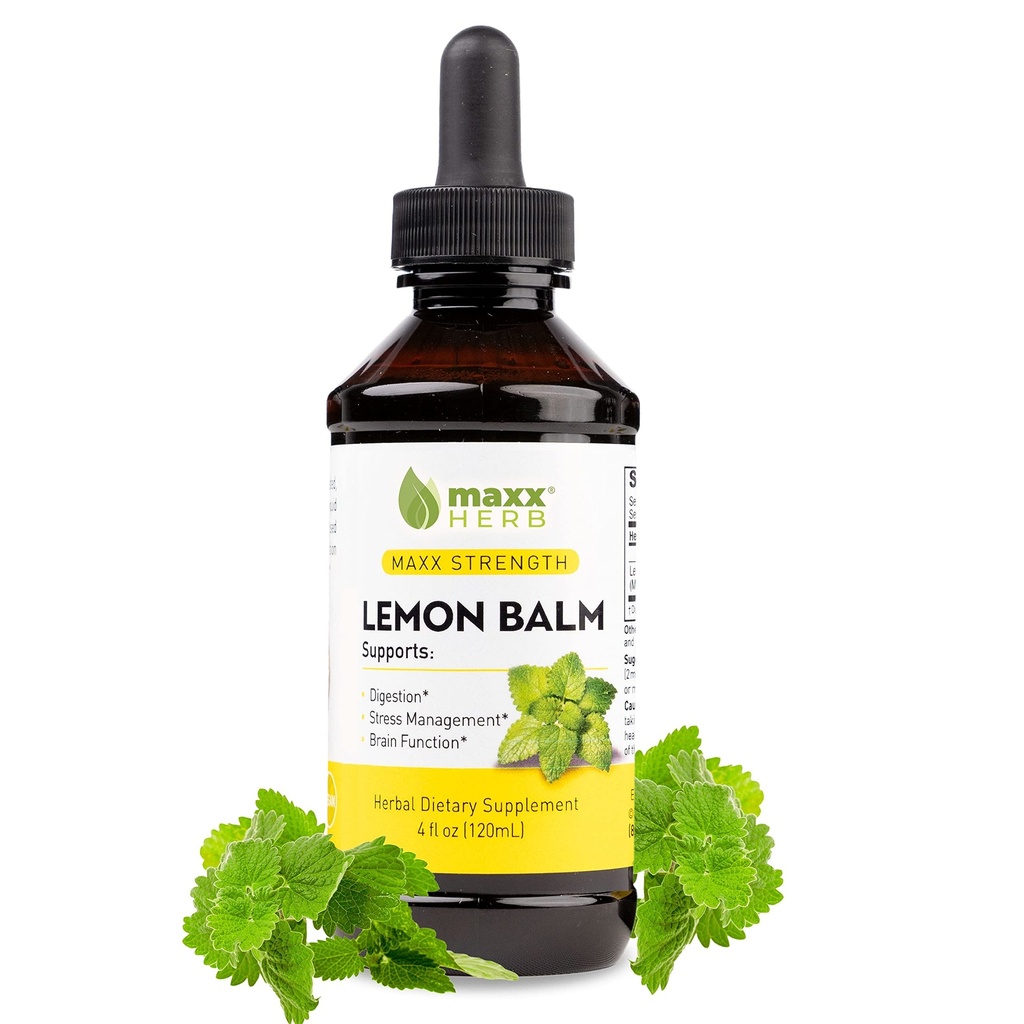 Maxx Herb Lemon Baume Extrait - Teinture liquide Max Strength Absorbe mieux que les capsules ou le thé, pour le support du système nerveux, et la gestion du stress - Sans alcool - 4 Oz bouteille (60 portions)
