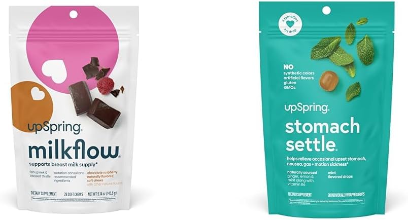 UpSpring Milkflow SoftChews, Stillergänzung mit Fenugreek & Blessed Thistle + UpSpring Stomach Settle Drops für okziale Übelkeit Relief/Upset Stomach mit Ingwer, Lemon, Spearmint und B6.