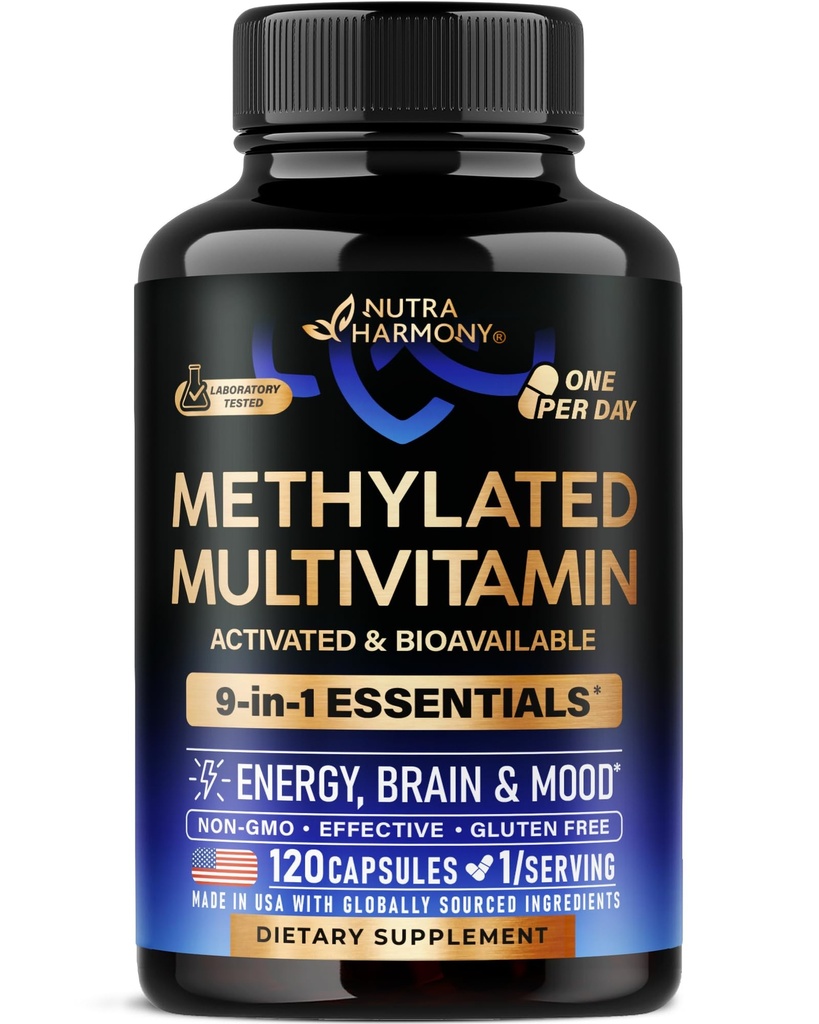 Methyliertes Multivitamin - B2, B6, 5-MTHF & B12 | Antioxidantien C & E | Vitamin D3 & K2 - für Männer und Frauen - 9-in-1 MTHFR Ergänzung mit TMG - Energie, Gehirn & Stimmung - Vegan - Made in USA - 120 Kapseln