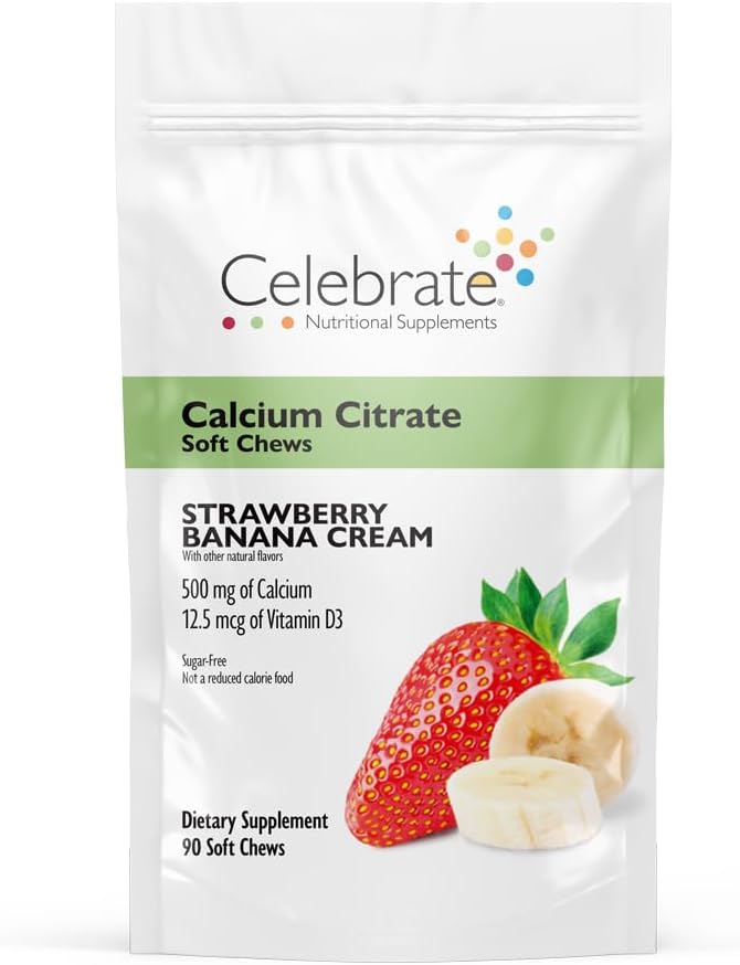 Célébrez les vitamines Bariatric 500mg Citrate de calcium Chews doux avec 500 UI de vitamine D3 – Essentiel pour les patients de contournement gastrique et santé des os - sans sucre et sans gluten, crème de banane de fraise (90 Chews)