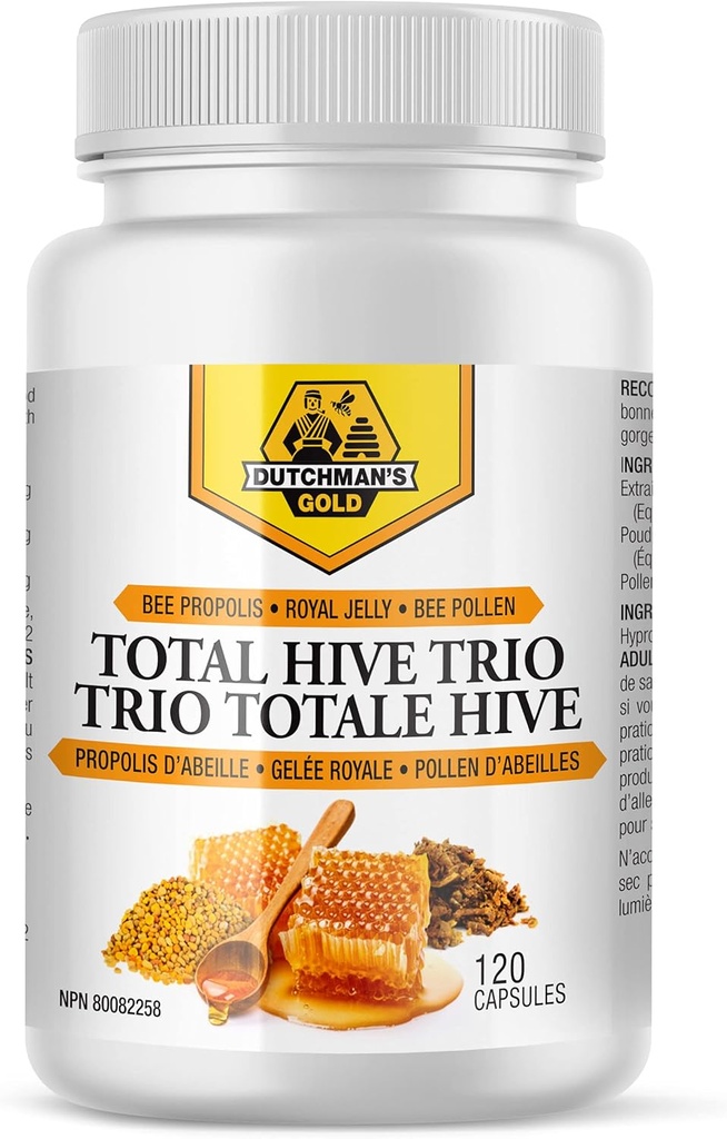 Dutchman's Gold Total Hive Trio Capsules - 120 Veg Caps Ca. 30-60 Servietten - Bienen Pollen Royal Jelly & Propolis Supplement - Superfoods für Antioxidant Immununterstützung - Natural Honey Mix