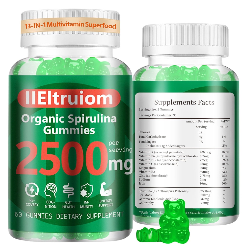 Gommies de Chlorelle de Spiruline Bleue Biologique, 13-en-1 Super Greens & Superfoods, Spiruline 2500mg Enhanced Daily Energy with Sea Moss, Chlorophylle, GLA, Sans gluten, 60 Gommies Vegan
