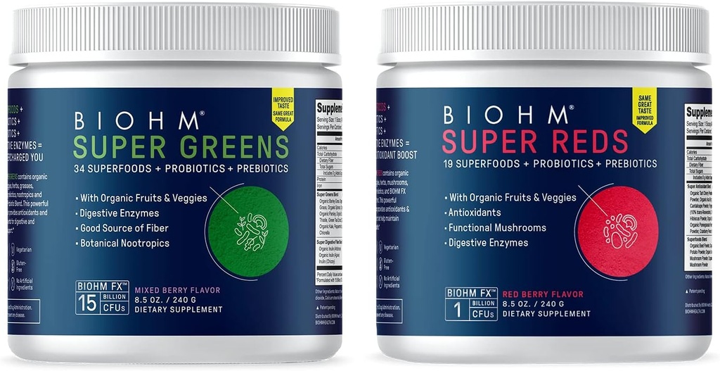 BIOHM Super Reds and Greens Bundle, Superfood-Pulver mit Probiotika und Verdauungsenzymen, verpackt mit Antioxidantien und Polyphenolen, Allergenfrei, Non-GMO, Vegan - 30 Portionen