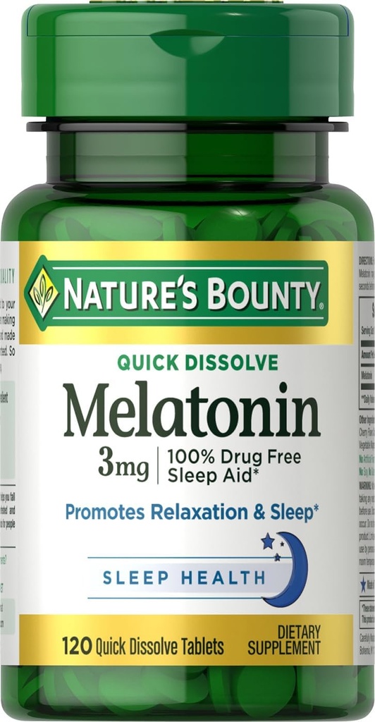 Bounty Melatonine de la nature, favorise la relaxation et le sommeil, 100% sans médicament aide au sommeil, 3 mg, 120 comprimés dissolvant rapidement