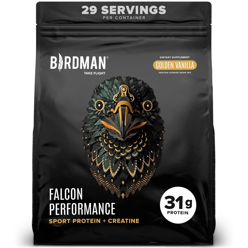 BIRDMAN Falcon Performance Vegan Protein Powder, 31g Protein, 5g Kreatin, 5g BCAA, Probiotics, Elektrolyte, Pre Workout, Low Carb, Sugar Free & Dairy Free, Plant Based Vanilla Protein, 29 Servings