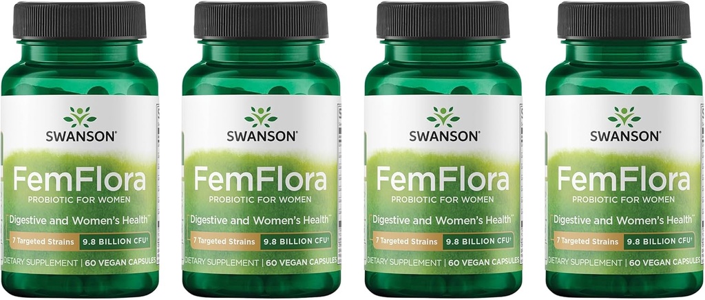 Swanson FemFlora - Feminine Probiotic Supplement Unterstützung Flora der Mund, GI Tract, und Vagina - Probiotika für Frauen mit 9 Billion CFU Per Capsule - (60 Kapseln) (4 Packung)