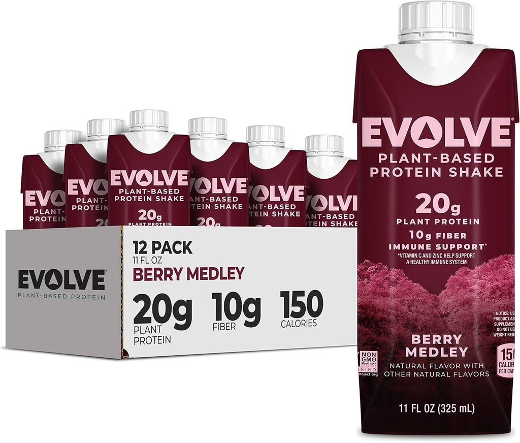 Evolve Plant Based Protein Shake, Berry Medley, 20g Vegan Protein, Immununterstützung, Vitamin C & Zink, Dairy Free, Keine künstlichen Süßungsmittel, Non-GMO, 10g Fiber, 11oz, (12 Pack) (Formula May Vary)