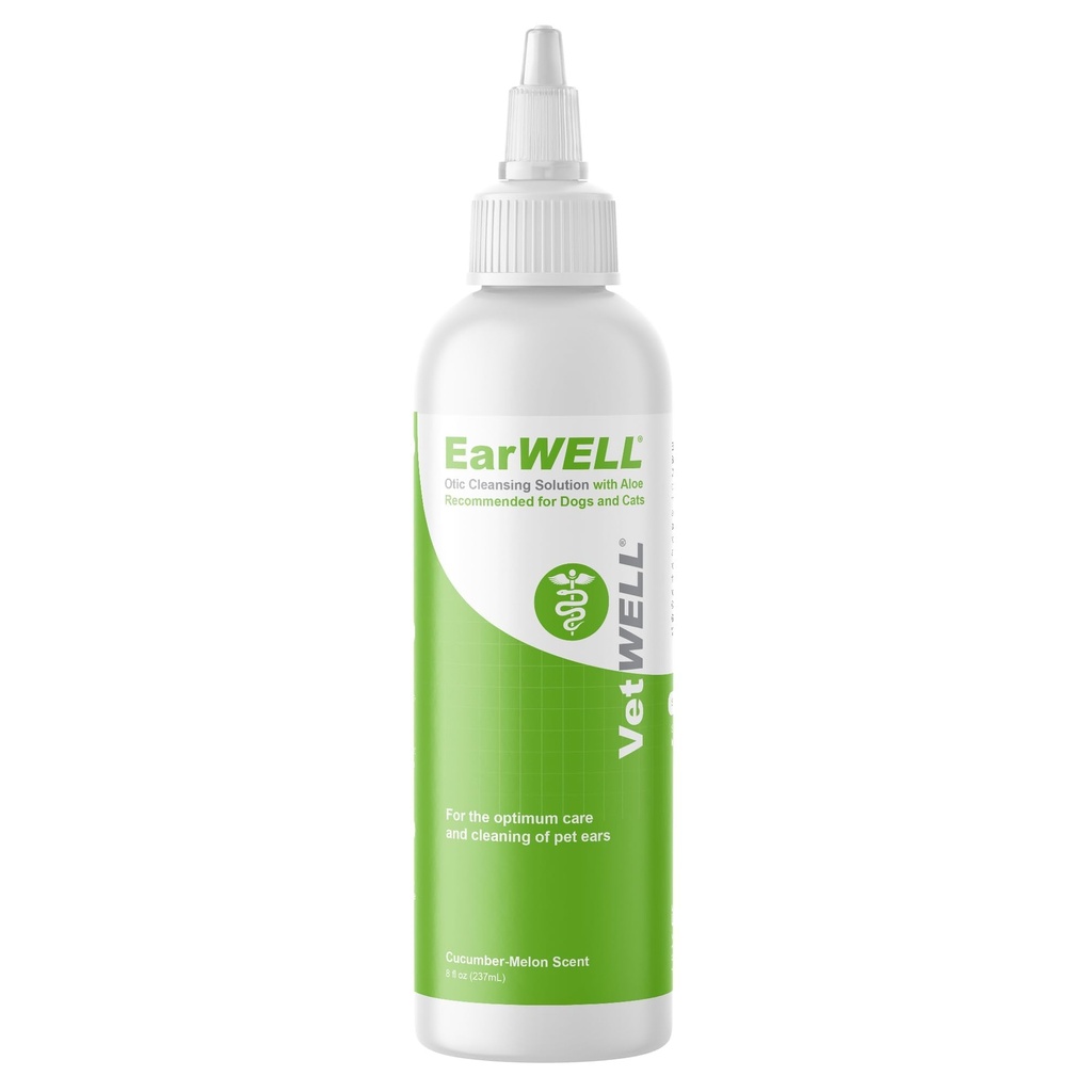 Nettoyeur d'oreille VetWELL pour chiens et chats - Rincement otique pour infections et contrôle des infections et de l'odorat chez les animaux de compagnie - 8 oz (Cucumber Melon)