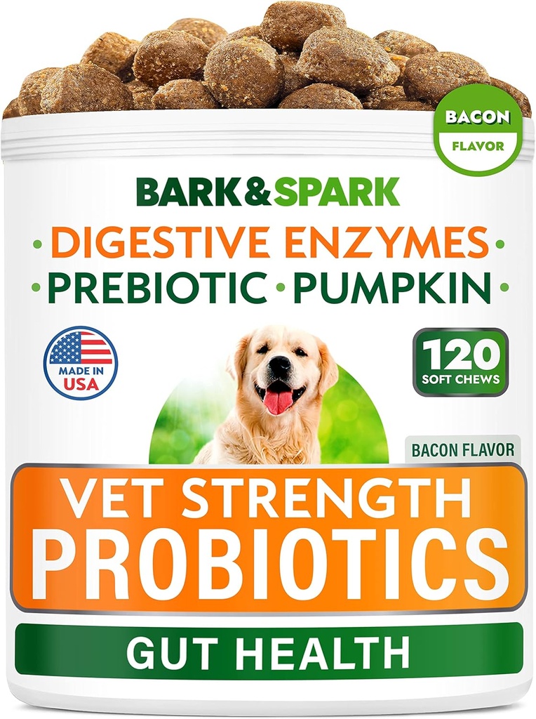BARK&SPARK Vet Strength Dog Probiotics Chews - Gas, Durchfall, Allergie, Verstopfung, Upset Stomach Relief, mit Verdauungsenzymen + Kürbis + Präbiotika - Kaufaserergänzung - 100ct - Bacon