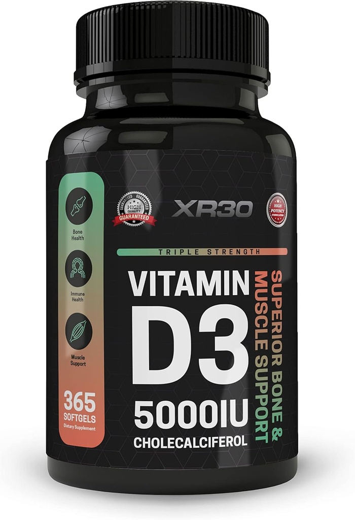 Vitamin D3 5000IU Cholecalciferol - Überlegene Knochen & Muskelunterstützung - 365 Softgels - Made in USA