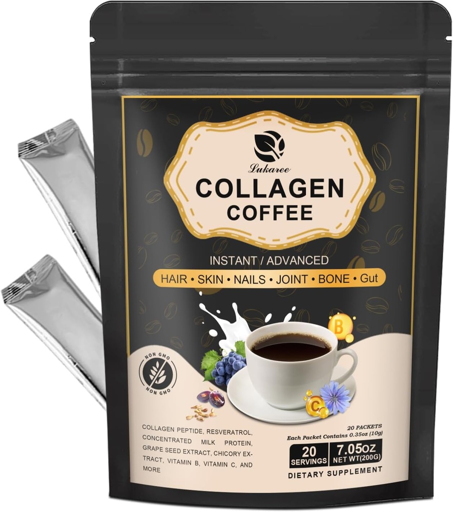 Lukaree Collagen Coffee with Vitamin B7, B9, Instant Collagen Peptide Powder with Reseratrol, Vitamin C, Carnosine for Hair, Skin, Nails, Bones