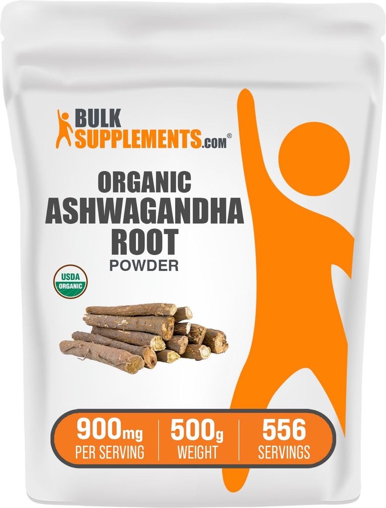 BulkSupplements.com Poudre d'Ashwagandha biologique - Suppléments d'Ashwagandha biologique, provenant de la racine d'Ashwagandha - Sans gluten, 2g par portion, 500g (1,1 lb) (paquet de 1)