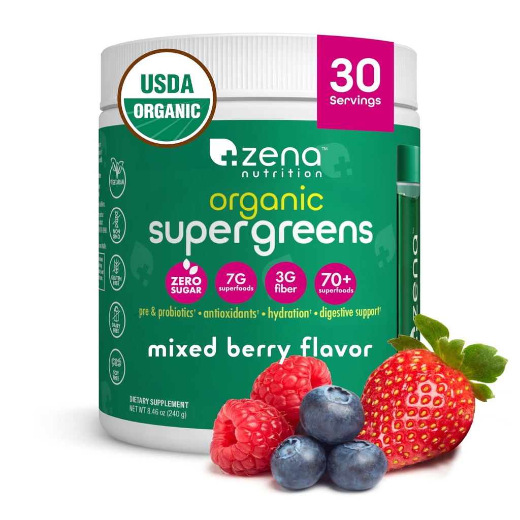 Zena Nutrition Bio Super Greens Powder, 70+ Superfoods, 0 Zucker, 3G Fiber, Spirulina, Chlorella, Antioxidantien, Präbiotika/Probiotika, Verdauungsenzyme, Mischbeere, 30 Portionen
