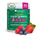 Zena Nutrition Bio Super Greens Powder, 70+ Superfoods, 0 Zucker, 3G Fiber, Spirulina, Chlorella, Antioxidantien, Präbiotika/Probiotika, Verdauungsenzyme, Mischbeere, 30 Portionen