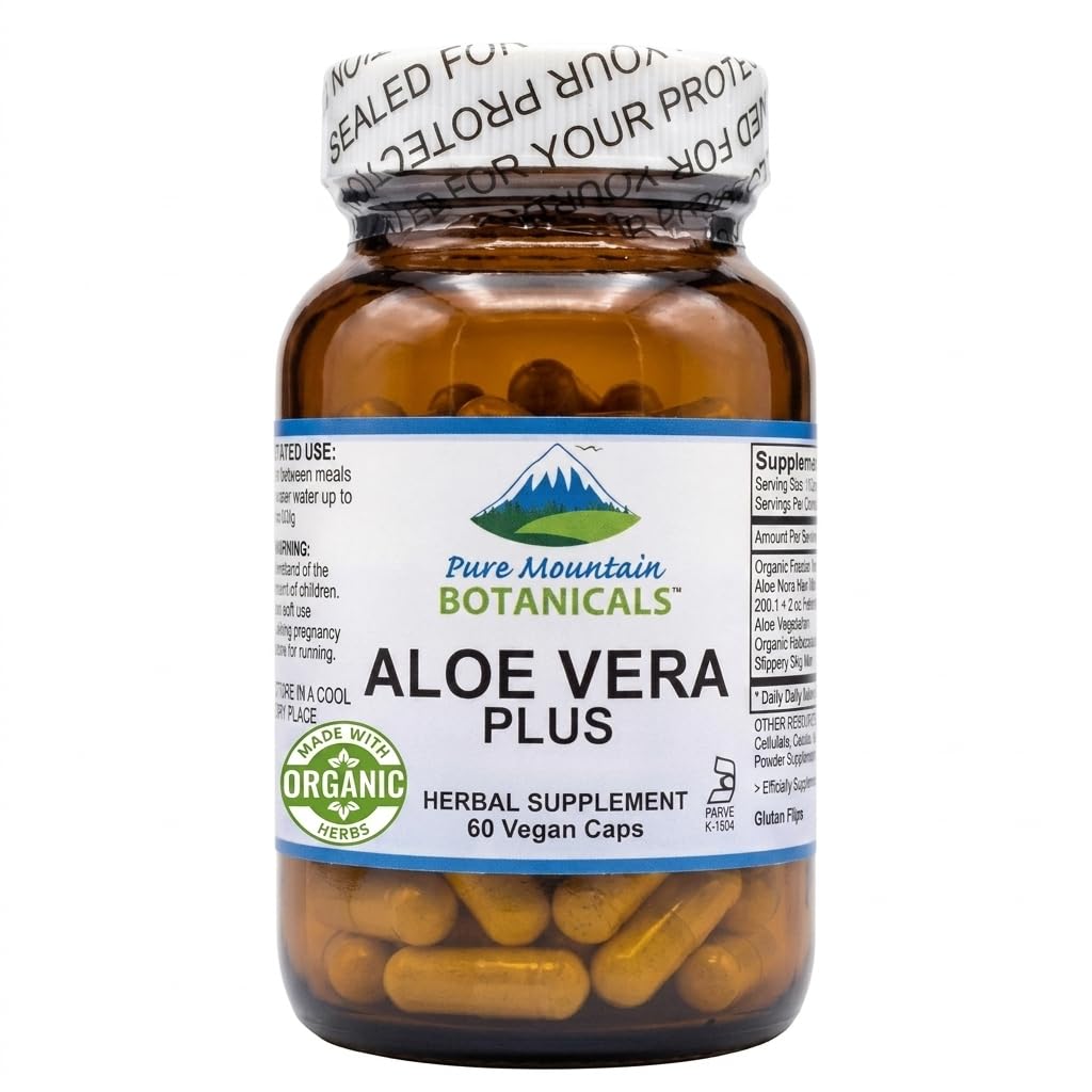 Pure Mountain Botanicals Aloe Vera Plus Capsules. 200:1 Extrait. Aloe Vera Gel séché biologique de casher, racine de marshmallow, orme de slipperie