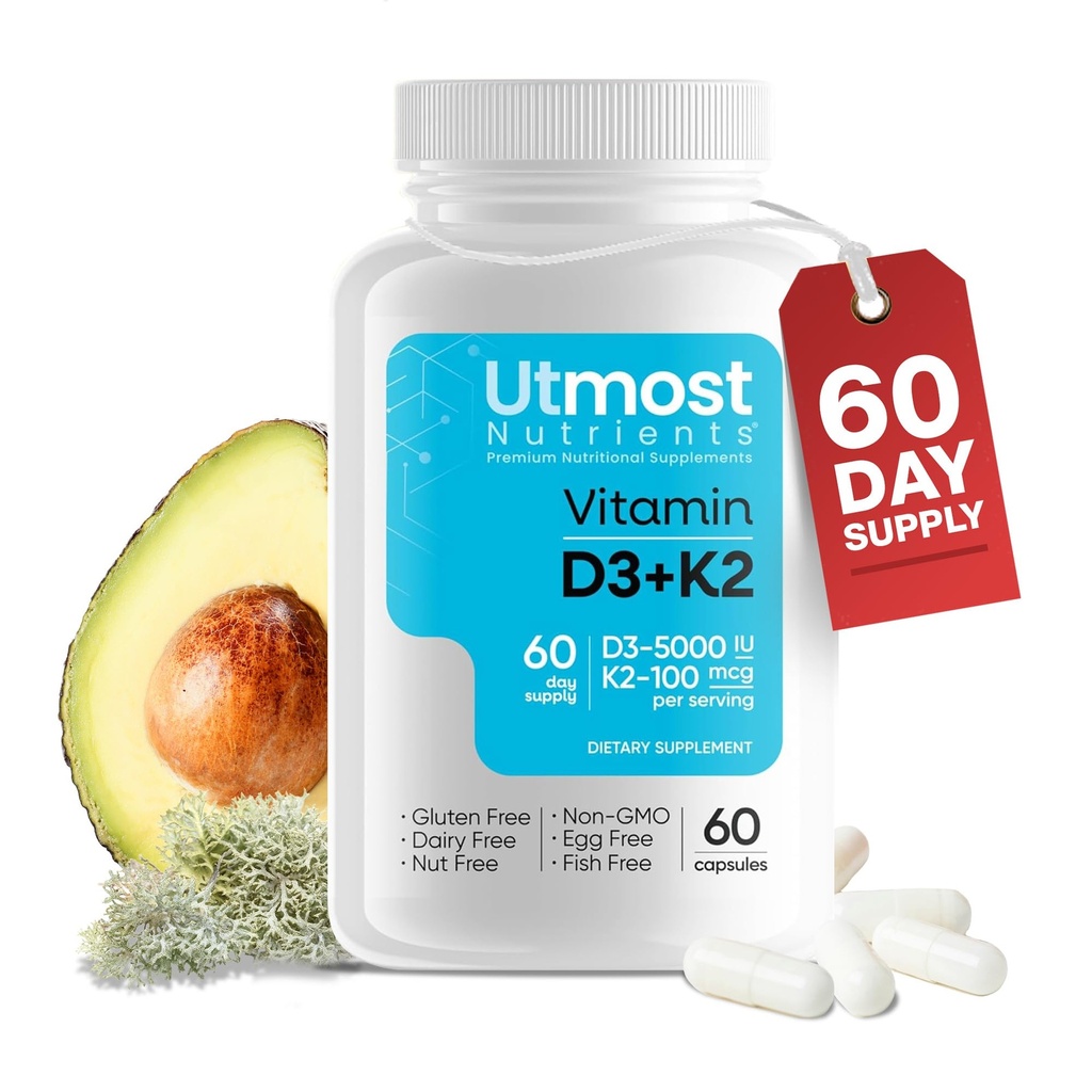 Vitamin D3 mit K2-5000iu Vitamin D und 100 mcg Vitamin K Ergänzung in einem Kapsel für maximale Bioverfügbarkeit - verbessert die Calciumabsorption für Herz-Kreislauf-, Immun- und Knochengesundheit (60 Kapseln)