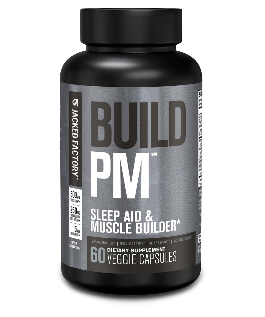 Jacked Factory construire PM Night Time Muscle Builder & Sleep Aid - Post Workout Recovery & Sleep Support Supplément w/VitaCherry Tart Cherry, Ashwagandha, & Melatonin - 60 pilules Veggie naturelles