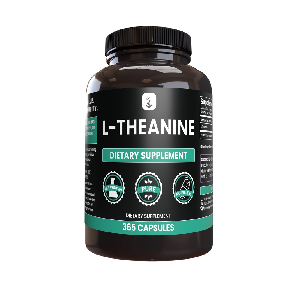 Pure Original Zutaten L-Theanin (365 Kapseln) Aminosäure, kein Magnesium oder Reisfüller, Lab Verifiziert