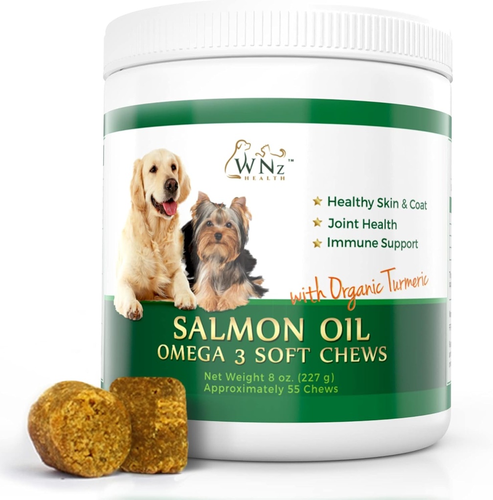 Omega 3 Peaux et manteaux pour chiens, supplément d'huile de saumon pour le soulagement de la douleur articulaire, le soutien immunitaire, les suppléments de peau et de manteau pour chiens, les soins pour chiens à croquer pour le soulagement de la peau démangeaison, 55 Chews, 8 Oz