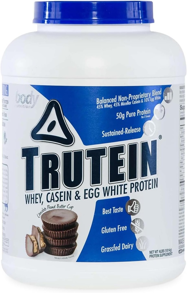 Body Nutrition Trutein High Protein Powder: 45% Whey, 45% Casein, 10% Egg White Protein Shake Mix, Gluten-Free, Low Sodium, Low Carb Protein Supplement for Men & Women, Chocolate Peanut Butter, 4lb