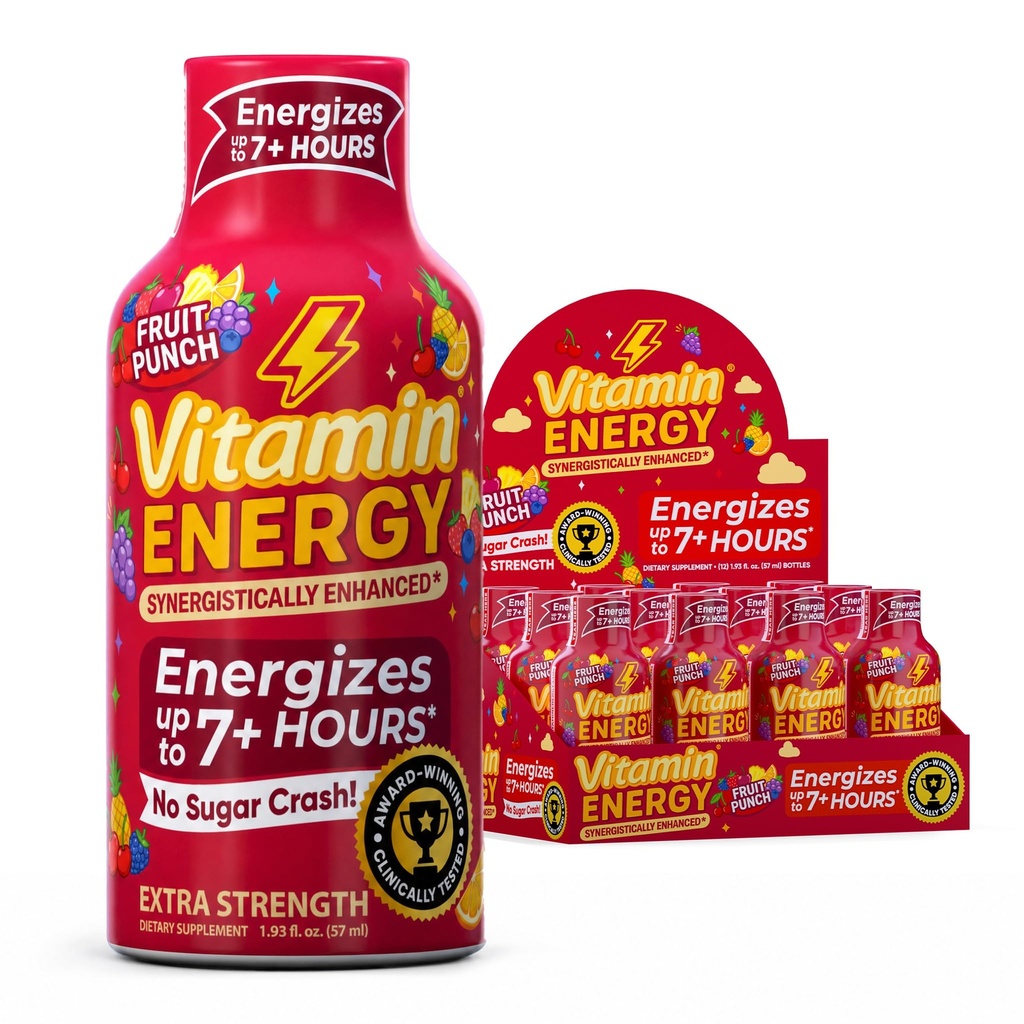 Vitamin Energy Immune+ Extra Strength Energy Shot Fruit Punch 12 Pack, 260mg Natürliche Koffein, B-Vitamine, Citicoline, Grüner Tee, Immunität & Focus Support, Zero Sugar, Gluten-Free 1.93 fl oz