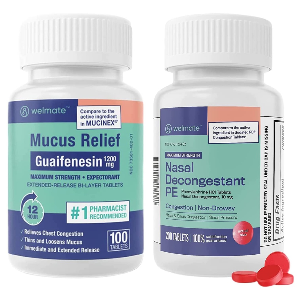 WELMATE Respiratory Relief Bundle: Maximale Stärke Guaifenesin 1200 Mg Mucus Relief (100 Bi-Layer Tablets) + Phenylephrine HCl 10 mg Nasal Decongestant PE (200 Tabletten) Sinus, Kalt & Allergie-Unterstützung