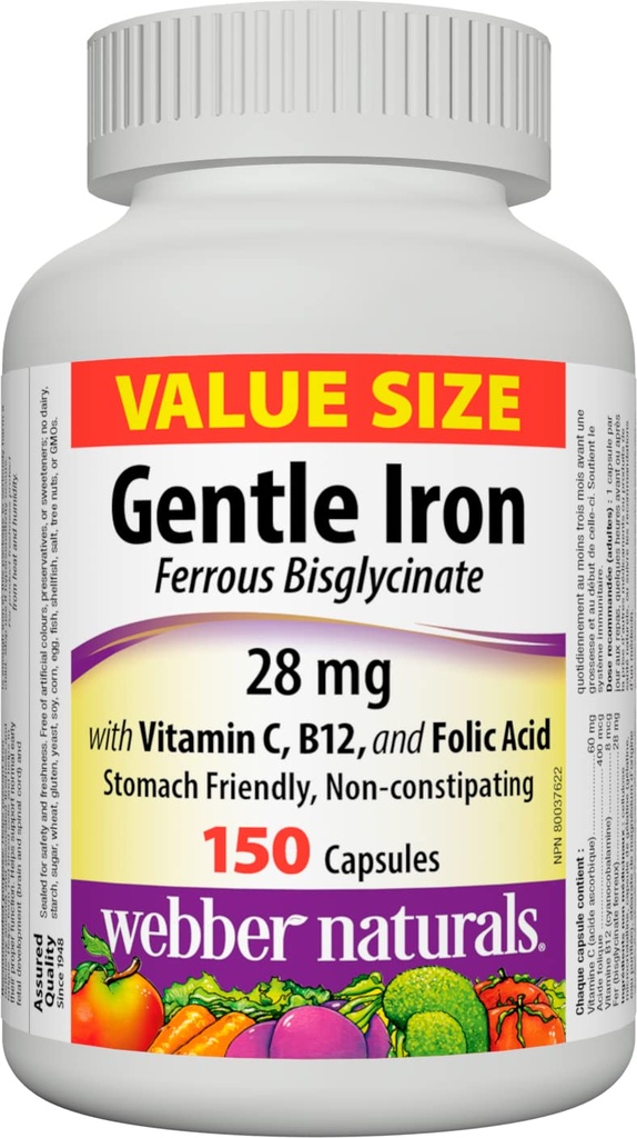 Webber Naturals Gentle Iron Supplement mit Vitamin C, B12 und Folsäure, 28 mg, 150 Kapseln, Stomach-Friendly, Non-Constipating, hilft Eisenmangel Anämie zu verhindern