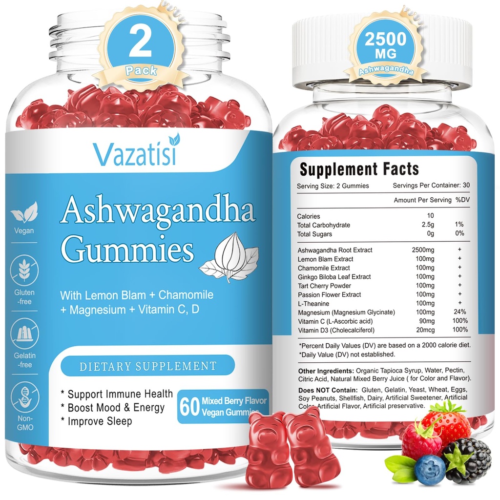 2 Pack Ashwagandha Gummies für Damen, Sugar Free Organic Ashwagandha Gummies Supplement für Relax Restore Balance, Vegan Gluten Free, 120 Count