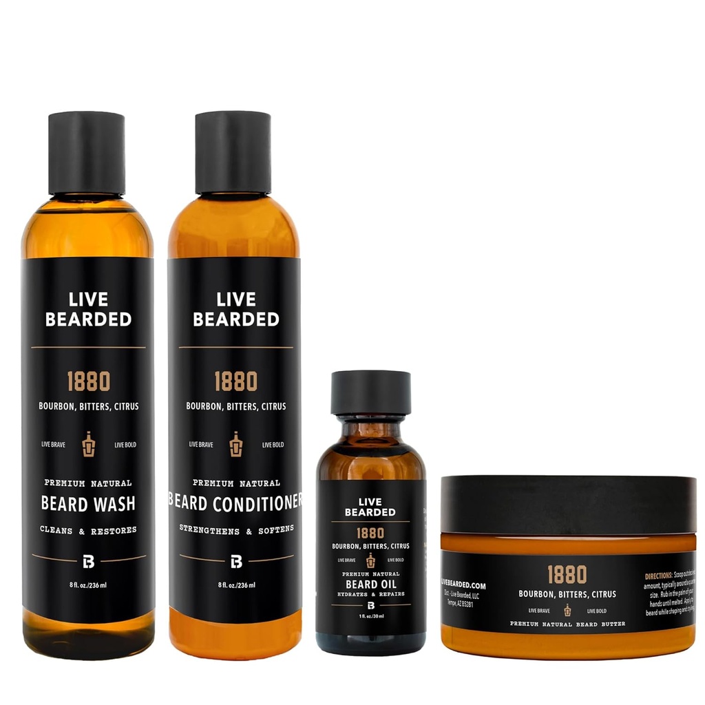 Live Bearded Complete Beard Grooming Kit - Wash, Conditioner, Butter und Öl - Made in the USA with All-Natural Ingredients - Mens Groom Set | 1880 Scent - Bourbon, Bitters, Citrus