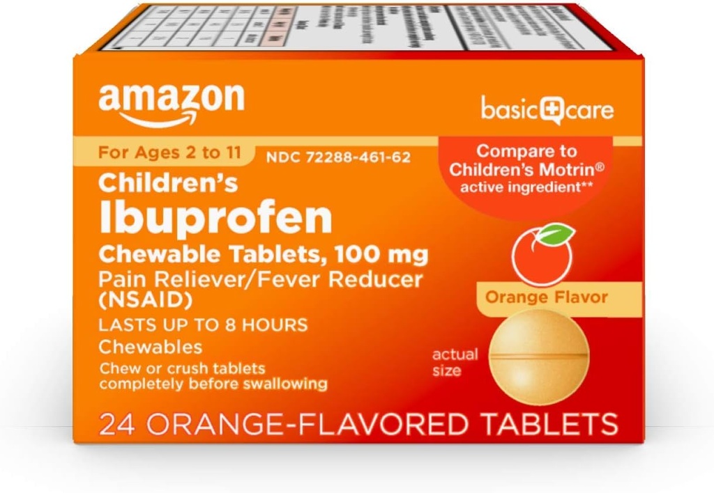 Grundpflege Kinder Ibuprofen Kautabletten, 100 mg, Schmerzlinderung und Fever Reducer, Orange Flavor, Für Aches, Schmerzen, Sore Throat, Toothache und Kopfschmerzen Relief, 24 Count