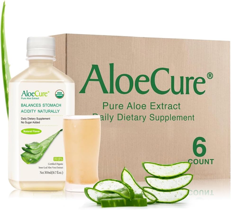 AloeCure USDA Bio Aloe Vera Juice fabriqué dans les 12 heures de la récolte - Pure Aloe Juice supplément digestif naturel pour soutenir la digestion, le système immunitaire et l'acidité équilibrée de l'estomac, 6 x 500ml bouteilles