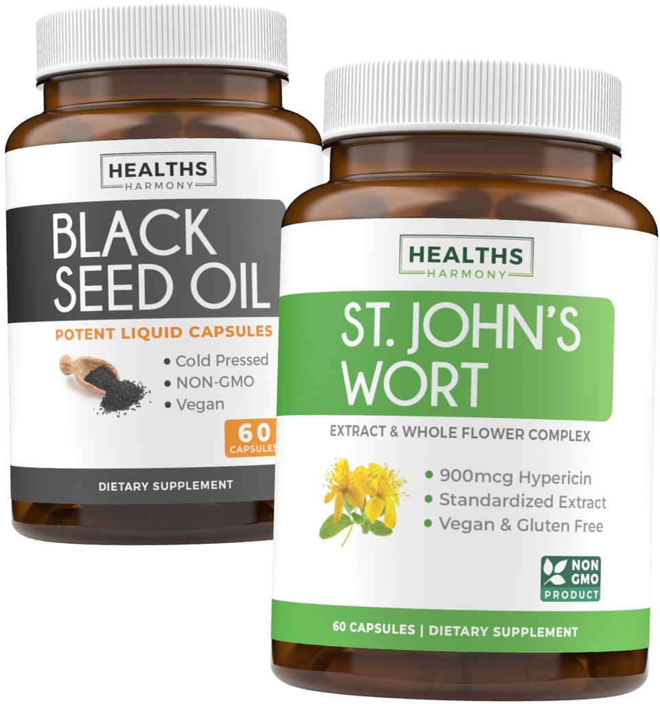 Black Seed Oil & St. John's Wort (1-Monats-Versorgung) Serene Blend Bundle of Black Seed Oil (60 Kapseln) Kaltgepresste Nigella Sativa & St. John's Wort (60 Kapseln) mit Powerful 900mcg Hypericin