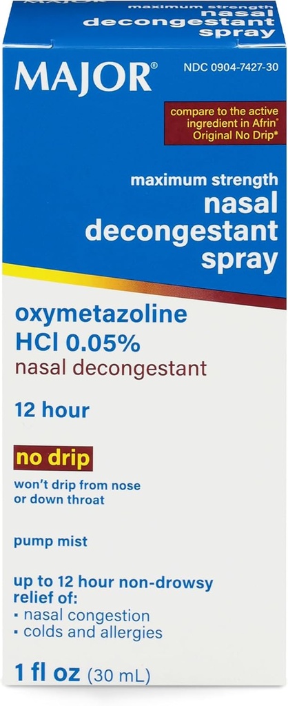 MAJOR Maximum Strength Nasal Decongestant Spray, Oxymetazolin HCl 0,05% Pump Mist, Non-Drowsy Nasal Spray, bis zu 12-Hour Relief von Nasal Congestion, Kälte und Allergien 1 Fl. Oz. (1-Pack)