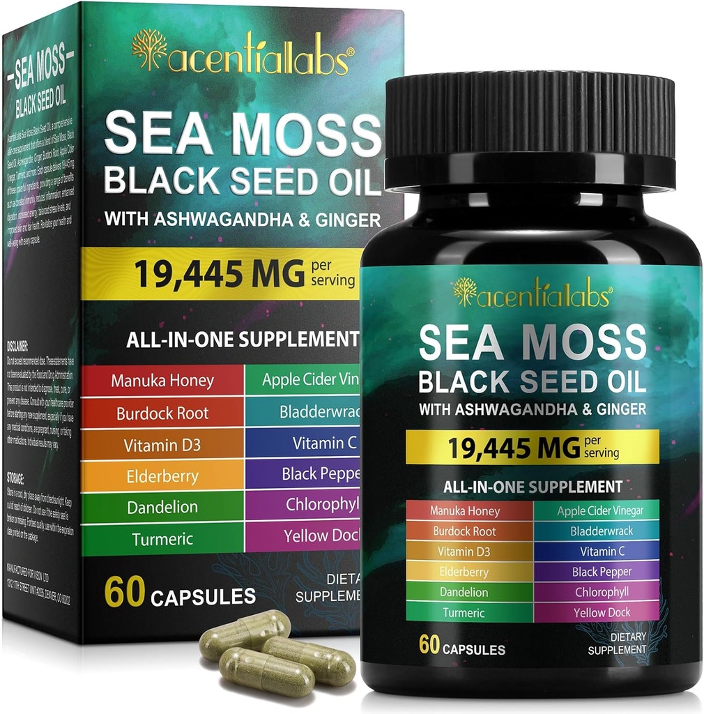 Sea Moss Black Seed Oil, Sea Moss Black Seed Oil Ashwagandha Ginger Kapseln mit Vitaminen Bladderwrack, Burdock Root und mehr, 60 Kapseln