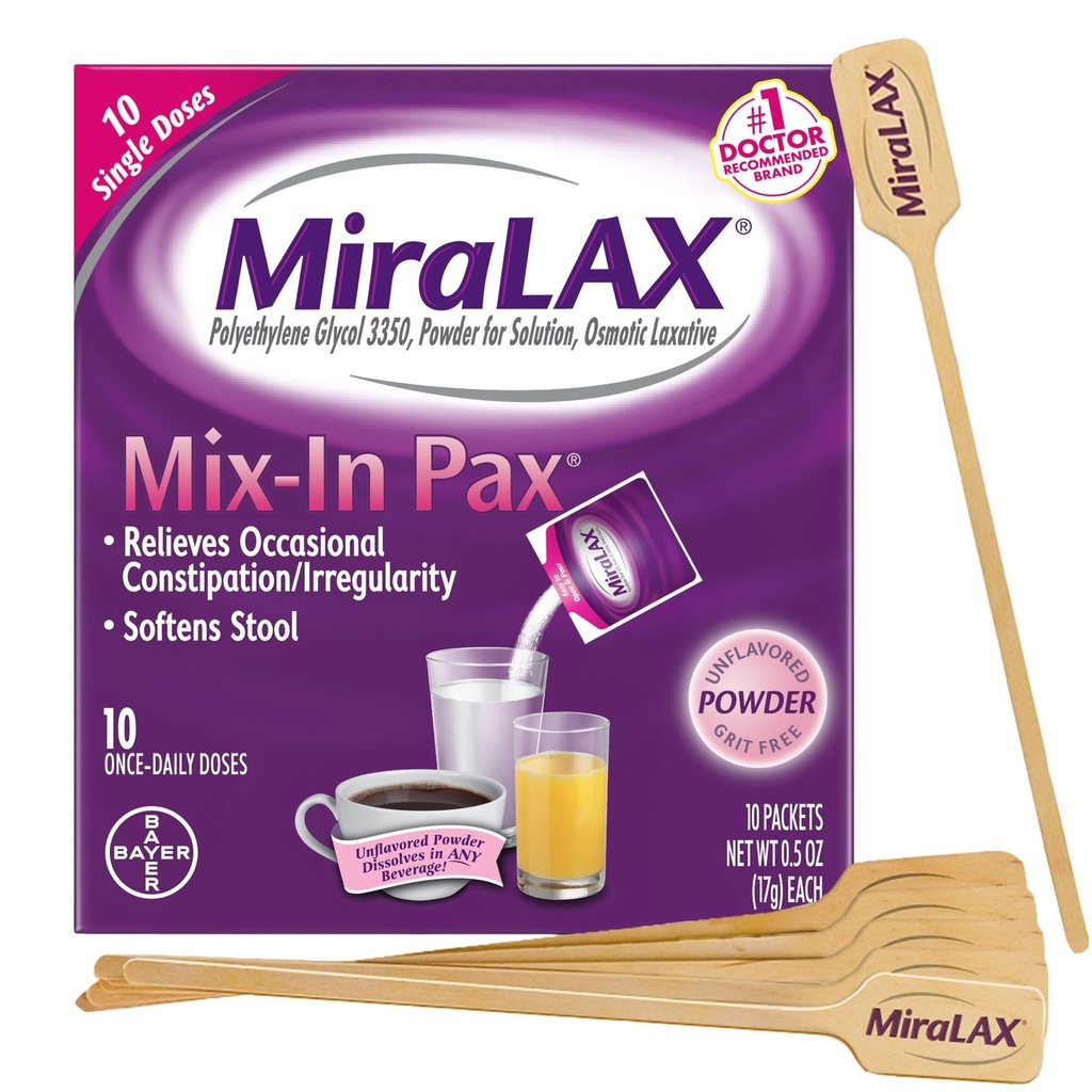 MiraLAX Relief Laxative Relief Constipation Relief Poudre, Adoucisseur de tabouret avec PEG 3350, Pas d'effets secondaires Harsh, Pax à dose unique avec mélange de stirrers, Pack de voyage, 10 doses