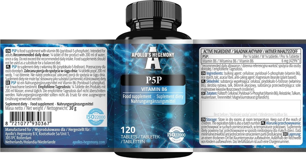 Pyridoxal-5-Phosphate (P-5-P) 50 mg pro Tablet - 120 Vegan Tabletten - Versorgung für 480 Servierungen - Unterstützt Nerve und Psychologische Funktionen -Vitamin B6 Nahrungsergänzung - von Apollos Hegemonie