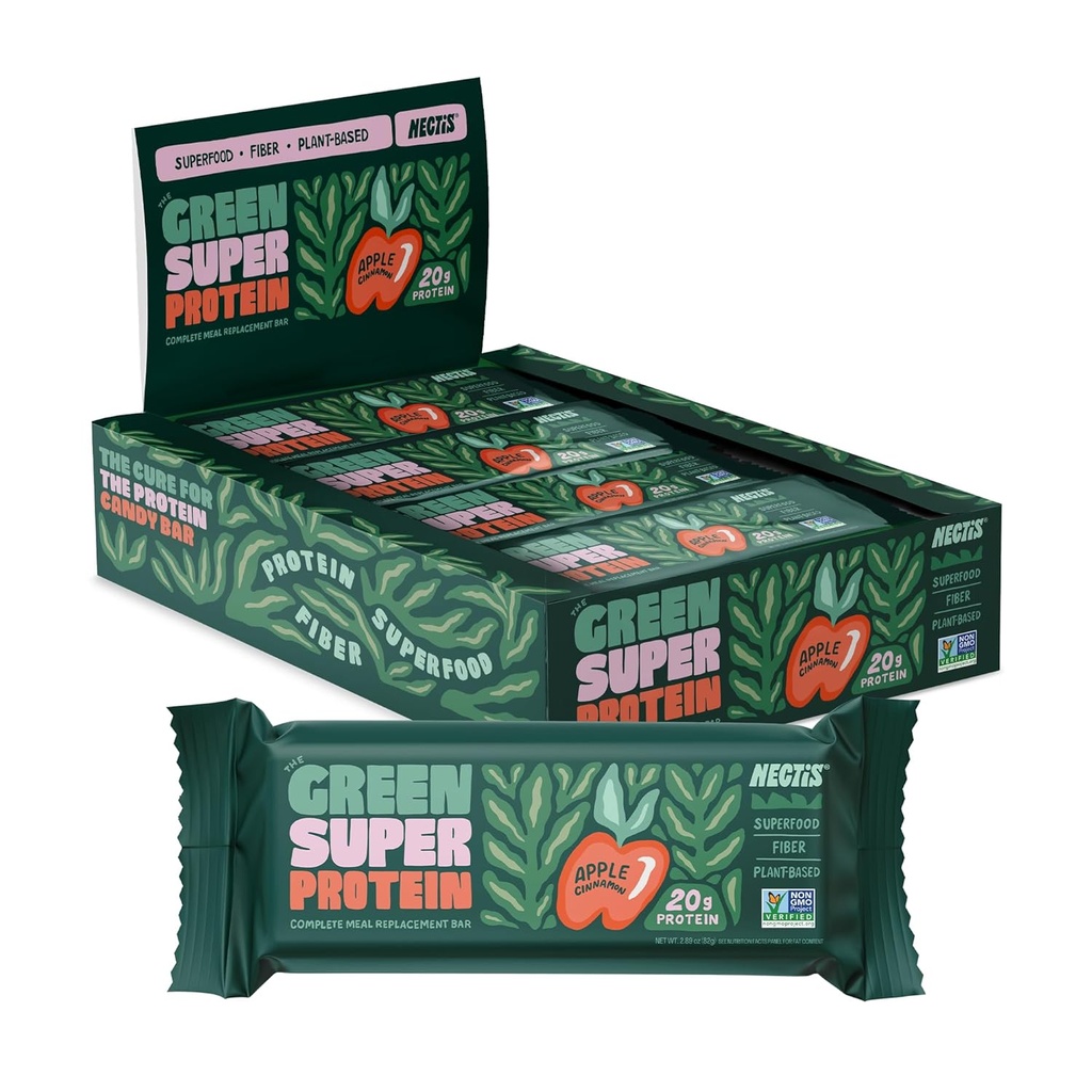 Nectis Green Super Protein Meal Bars, Apple Cinnamon, 20g Pflanzenprotein, Bio Greens, hohe Faser, vegan, keine Soja, nicht gmo, 82g Bar, 8 Packung