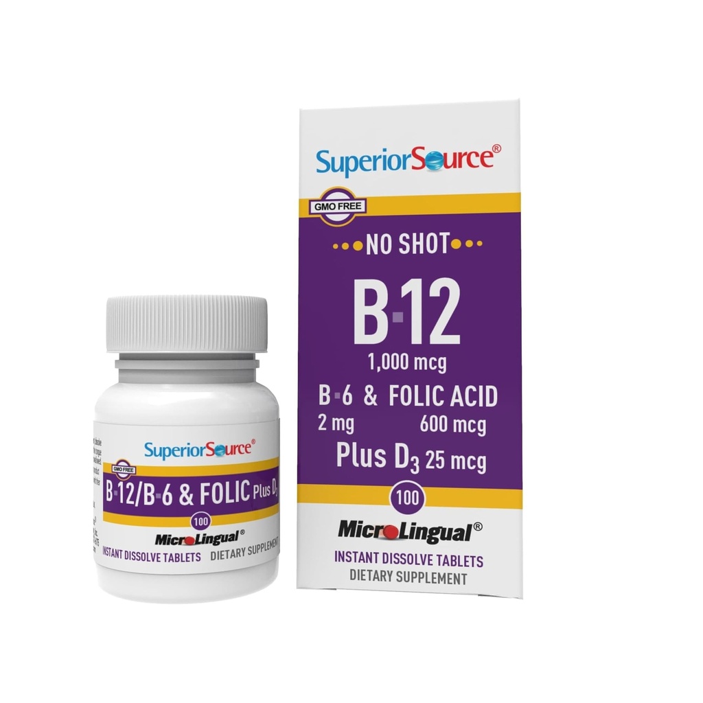 Überlegene Quelle Kein Shot Vitamin B-12 Cyanocobalamin 1000 mcg, B-6, Folsäure & Vitamin D-3 1000 IU - Unterstützt Energie, Gehirn, Herz & Knochen Gesundheit - 100 Sublingual Dissolving Tabletten