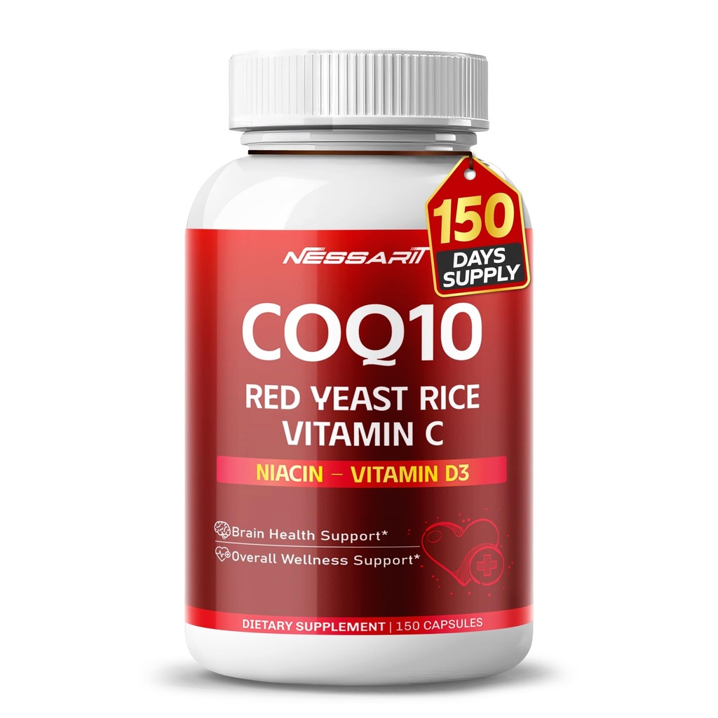 COQ10 + Rote Hefe Reis-Ergänzung - 10-in-1 Natürliche Mischung mit Omega 3 Vitamin B3, K2, D3, Zink Milk Thistle Black Pepper - 150 Count - Made & Tested in USA